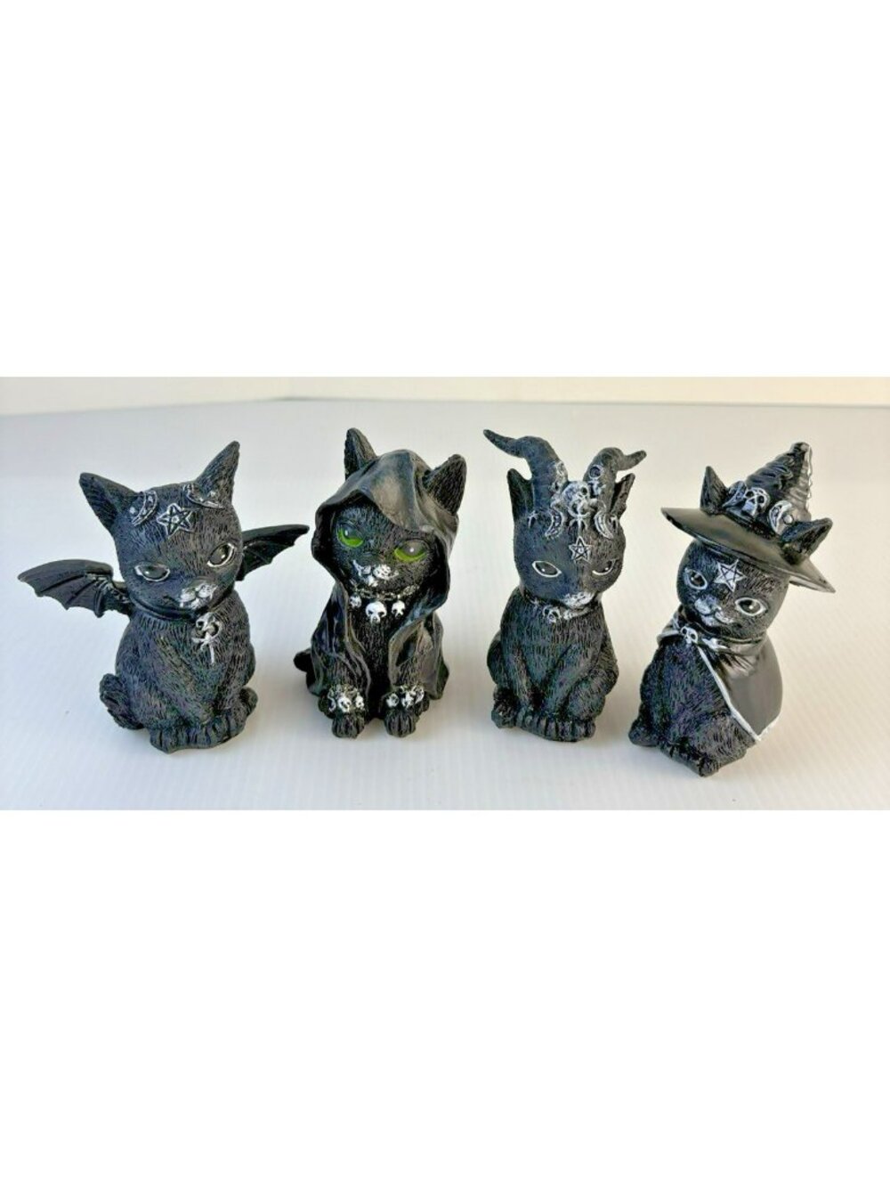Gothic Black Cat Figurines Set of 4 Resin Witch Reaper Bat Wing Horned Kitten